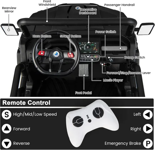 Vista 5 de Costzon Camión volquete con control remoto, UTV eléctrico de 12 V para niños con cama volquete eléctrica, función de balanceo, pala, 4 suspensiones