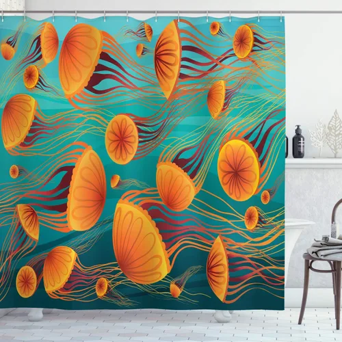 Vista 36 de Ambesonne Cortina de ducha con diseño de ciervo, silueta de animales del bosque brumoso en la naturaleza, diseño de dibujos animados, decoración