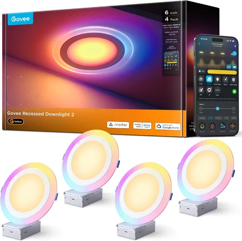 Vista 10 de Govee Iluminación empotrada inteligente de 4 pulgadas, luz LED RGBIC empotrada compatible con Matter y Alexa, 2700K-6500K regulable, 900 lúmenes