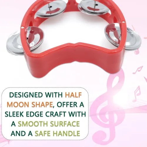 Vista 4 de Paquete de 4 panderetas de mano de percusión de plástico con 4 cascabeles, mini instrumentos de ritmo en 4 colores para práctica, ensayo
