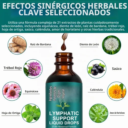 Vista 2 de Gotas de drenaje linfático Suplemento de apoyo del sistema linfático 21 en 1 Limpieza linfática con cúrcuma, equinácea, saúco y diente de león