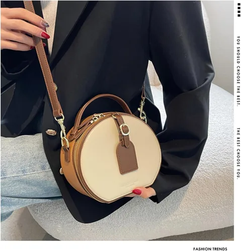 Vista 6 de Bolso redondo de cuero occidental para mujer, bolso redondo retro con asa superior con correa