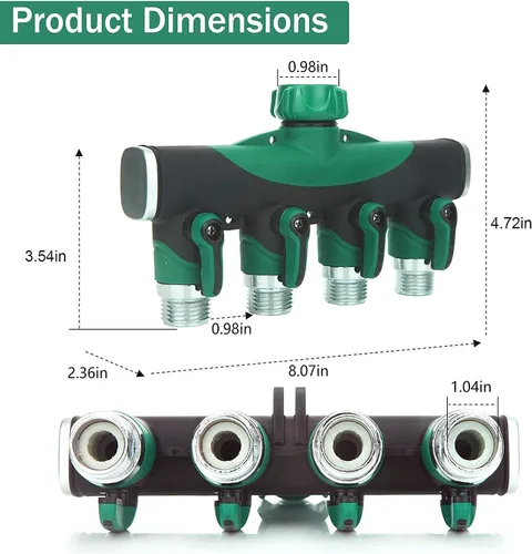 Vista 7 de Divisor de manguera de jardín de 4 vías – 3/4 pulgadas resistente de metal para grifo de agua con válvulas de cierre, conectores de manguera a