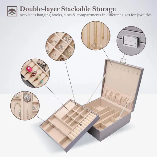 Vista 3 de ProCase - Joyero grande de cuero con dos niveles para organizar aretes, pulseras, anillos, relojes, para mujeres, niñas, regalo ideal para novia