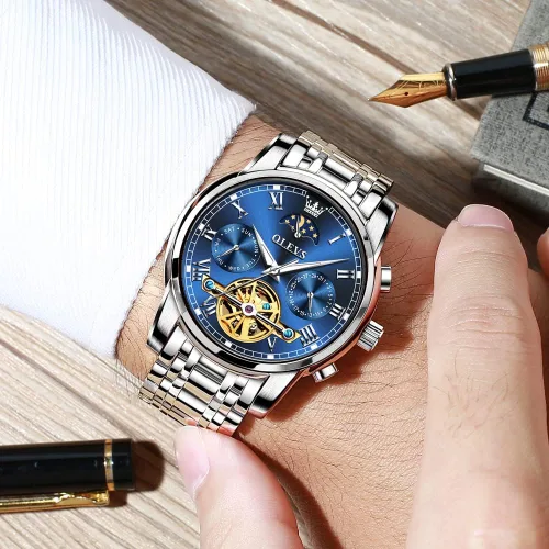 Vista 2 de OLEVS Relojes de cuerda automática para hombre, reloj de pulsera mecánico con diseño de esqueleto Tourbillon, relojes automáticos de acero