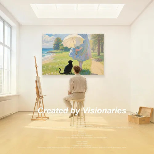 Vista 2 de Paneles acústicos artísticos de 48 x 32 x 0.4 pulgadas, paraguas, gato y mar, absorción de sonido, decoración de pared autoadhesiva a prueba
