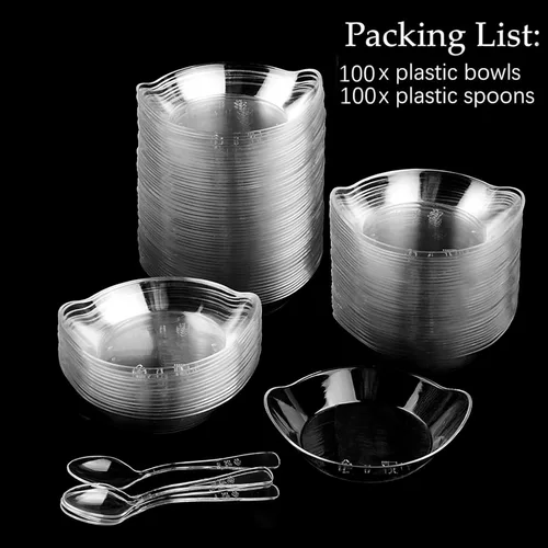 Vista 7 de TOFLEN Mini platos de postre de 100 unidades con cucharas de degustación, 3-1/8 x 2-5/8 pulgadas, pequeños platos de plástico transparente