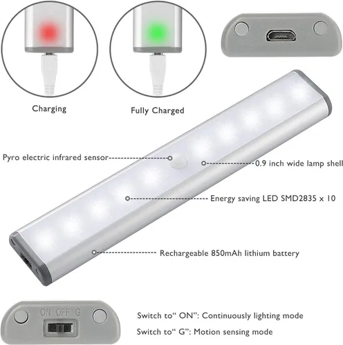 Vista 2 de [Versión mejorada] 10 luces LED de armario recargables por USB con sensor de movimiento, 3 modos de luz (G, encendido y apagado), carcasa