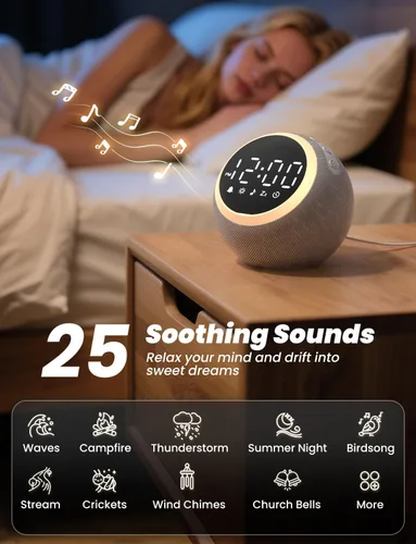 Vista 2 de LIORQUE Reloj despertador con máquina de ruido blanco y luz nocturna, 25 sonidos relajantes, volumen ajustable, temporizador de sueño, ideal