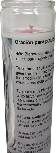 Vista 4 de Santa Muerte 14 oz Vaso Grande UNA pieza Vela de oración de una pieza 14 oz de alto vidrio oración al reverso en español Blanca sin Aroma