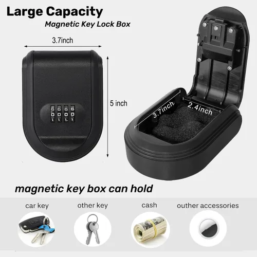 Vista 2 de Llavero magnético con cerradura de combinación, caja de llaves magnética impermeable para uso en exteriores, automóvil e interior, imán fuerte negro
