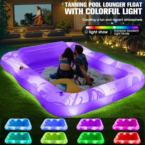 Vista 3 de Tumbona inflable de bronceado con luces, flotadores grandes de 81 x 60 pulgadas para adultos, tumbona de piscina, cama de agua de bronceado inflable