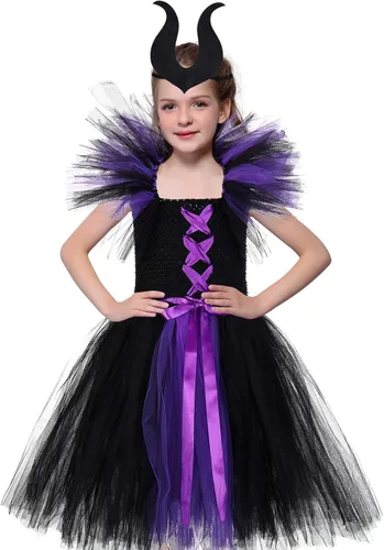 Vista 2 de Tutu Dreams Disfraz de bruja vampiro de Halloween para niñas de 1 a 12 años con diadema de cuernos