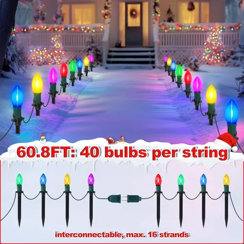 Vista 3 de USOKYO Luces LED C9 de 60 pies para caminos de Navidad al aire libre, 40 bombillas multicolor, impermeables, conectables, luces extralargas
