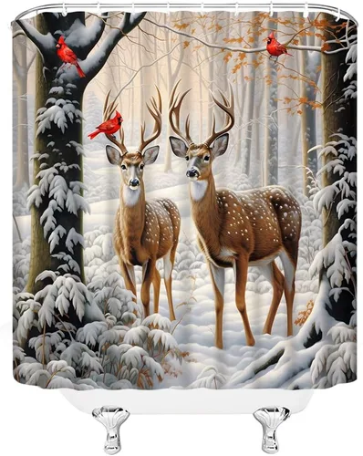 Vista 2 de Cortina de ducha de invierno, naturaleza, bosque, nevado, ciervo, vida silvestre, caza, campo, Navidad, paisaje, decoración de baño, cortinas