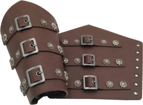 Vista 2 de Brazaletes medievales con hebilla, cinturón de cuero para adultos, pulsera de guantelete vikingo, armadura de brazo, armadura punk, gótico, disfraz