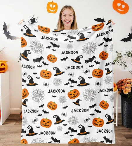 Vista 8 de Manta de Halloween personalizada con nombre, mantas de Halloween personalizadas para niños, Halloween personalizada para niños y niñas, bonita manta