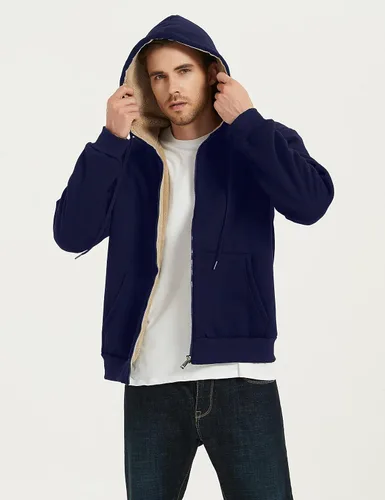 Vista 2 de Flygo Chaqueta con capucha Sherpa para hombre, forro polar, con cremallera, cálida, sudadera con capucha para invierno