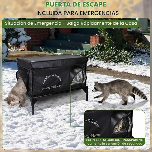 Vista 5 de Casa climatizada para gatos exteriores en invierno, refugio aislado para gatos con almohadilla térmica para gatos, 2 puertas, casa elevada
