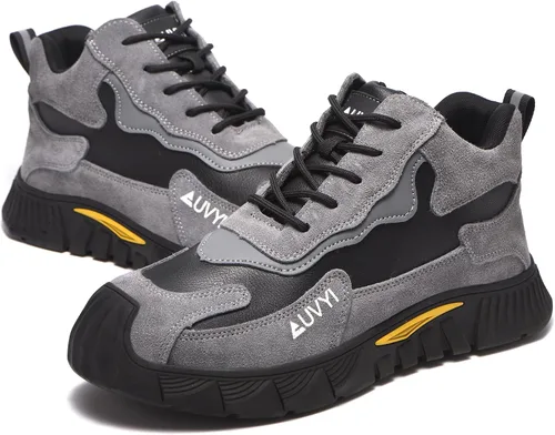 Vista 7 de AUVYI Botas de trabajo con punta de acero para hombres – Zapatos de seguridad cómodos y duraderos a prueba de chispas, botas de construcción