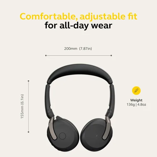 Vista 6 de Jabra Evolve2 65 Flex - Auriculares estéreo inalámbricos, Bluetooth, tecnología ClearVoice con cancelación de ruido y ANC híbrido, funciona