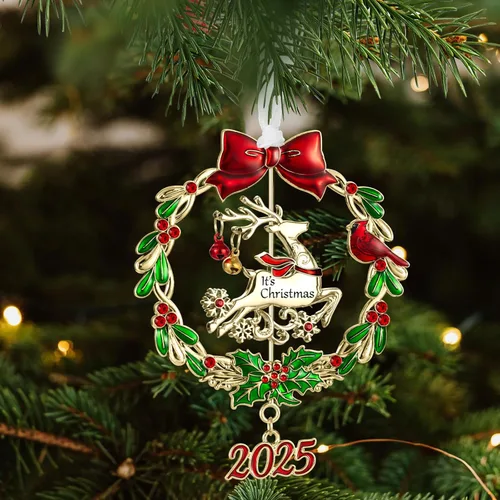 Vista 6 de Adorno para árbol de Navidad de metal plateado colgante, diseño giratorio, encanto decorativo festivo, regalo conmemorativo (2025 Ciervo y Dorado)