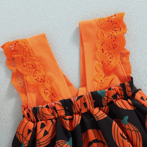 Vista 4 de Ropa de Halloween para bebé recién nacida, vestido de calabaza, sin mangas, cuello en V, diadema, Naranja