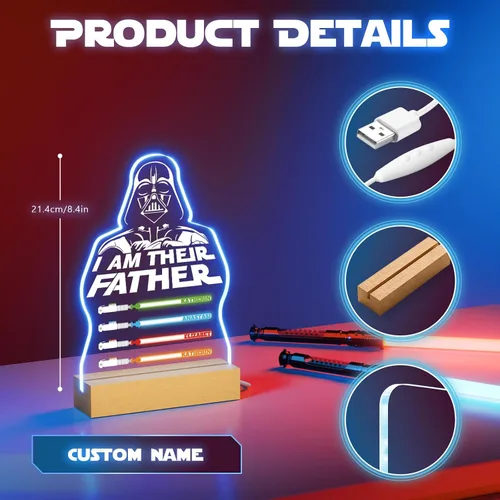 Vista 3 de iDIY Regalos personalizados para el día del padre, sable de luz nocturna 3D con nombre personalizado, lámpara de letrero con texto en inglés "I Am