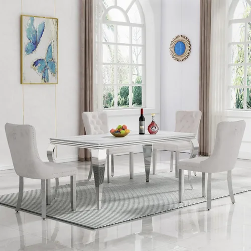 Vista 9 de HomVent Juego de mesa de comedor moderna de mármol sintético para 4 personas, mesa de cocina rectangular con 4 sillas beige (dorado)