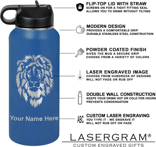Vista 3 de LaserGram Botella de agua personalizada de 32 onzas, Basketball Slam Dunk Man (azul oscuro)