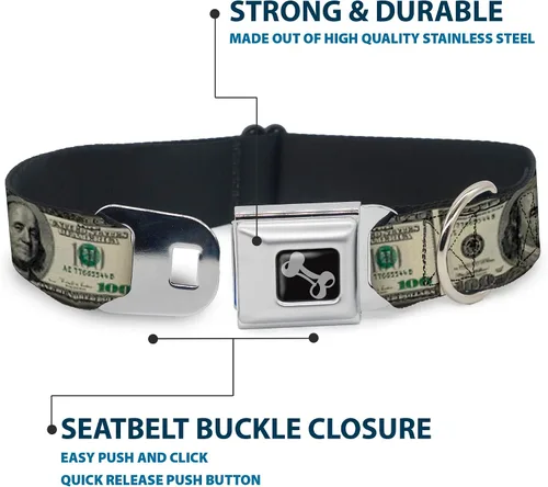Vista 4 de Buckle-Down Collar de perro con hebilla de cinturón de seguridad, billetes de 100 dólares, 1 pulgada de ancho, se adapta a cuello de 9 a 15