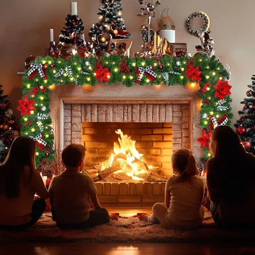 Vista 2 de DOIOWN Guirnalda de Navidad, guirnalda de Navidad preiluminada de 9 pies con luces, 100 luces LED de decoración de Navidad con bayas, lazos, piñas