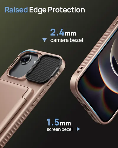 Vista 7 de Funda para iPhone 16e con Tarjetero y Cubierta de Lente de Cámara con Soporte, Protección contra Caídas de Grado Militar a Prueba de Golpes Oro rosa
