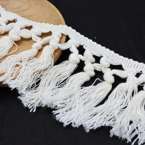 Vista 3 de Yalulu Borlas de flecos de algodón con borlas, 5 yardas, ribete de flecos de 4.7 pulgadas de ancho, para ropa, funda de edredón, cortina, almohada