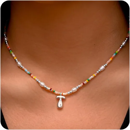 Vista 36 de Ritach - Regalos de Navidad para nietas, adolescentes y niñas, collar con inicial de perlas de colores claros, collar con dije de burbuja dorada