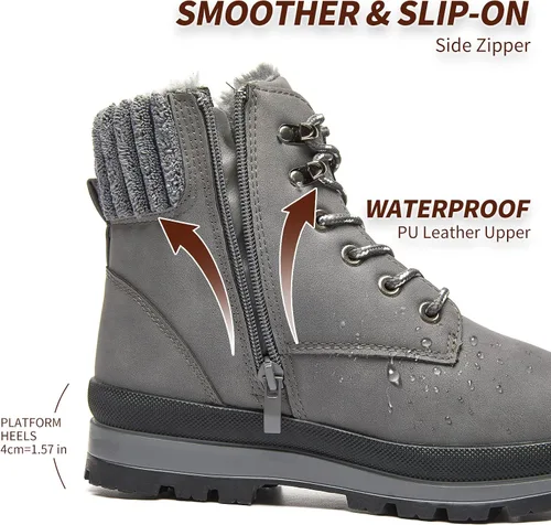 Vista 3 de BABUDOG Botines impermeables para mujer para exteriores (sin suela antideslizante), botas de combate de moda con cremallera lateral, botas de nieve