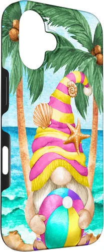 Vista 3 de iPhone 16 Funny Hawaiian Summer Gnome Under Palm Tree For Beach Surfer Case