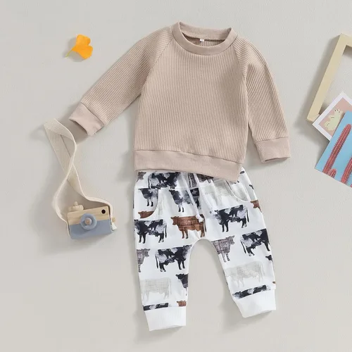 Vista 3 de Ropa occidental para bebé recién nacido, sudadera con estampado de vaca, sudadera y pantalones deportivos, conjunto de ropa para otoño e invierno