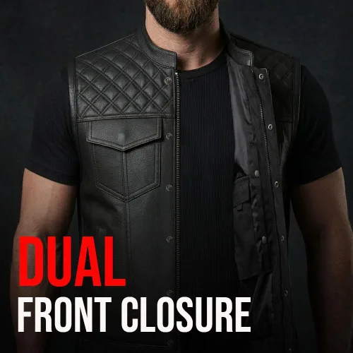 Vista 7 de Jackets 4 Bikes SOA Chaleco de Motocicleta para Hombre, Cuero Genuino de Búfalo, Armadura Trasera, Bolsillos Interiores, Chalecos de Club de Negro