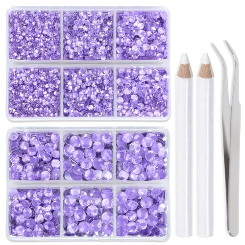 Vista 40 de LPBeads 6400 unidades de diamantes termoadhesivos de 12 colores con parte trasera plana, 5 tamaños mixtos, gemas de cristal redondas con pinzas