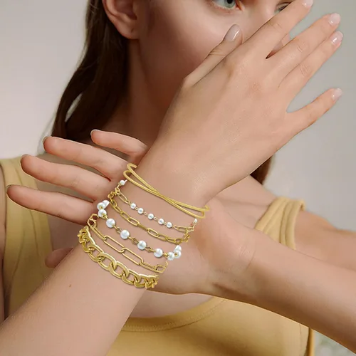 Vista 7 de OUUKP Gold Bracelets for Women,14K Real Gold Plated Jewelry Sets Tennis Cuff for Women Trendy Dainty Stackable Cuban Paperclip Chain Beaded Pearl