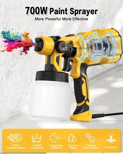 Vista 2 de Pulverizador de pintura sin aire de 700 W, pistola de pulverización HVLP con juntas de soplado, 4 boquillas y 3 patrones, recipiente de pintura