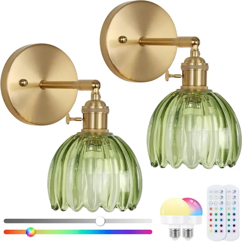 Vista 10 de Juego de dos apliques de pared vintage, funciona con pilas, con pantalla de cristal de tulipán verde oscuro, lámpara de pared recargable con control