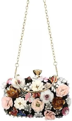 Vista 4 de Bolso de noche floral para mujer, bolso de mano con cuentas de flores con correa de cadena, bolsa de hombro para fiesta formal y boda