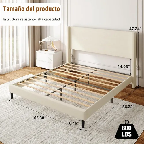 Vista 2 de Sismplly Base de cama matrimonial con cabecera con respaldo de ala, cama de plataforma tapizada de terciopelo, listones de madera fuertes, Beige