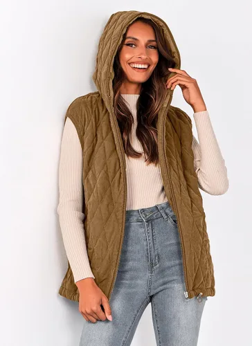 Vista 8 de PRETTYGARDEN Chaleco acolchado de otoño para mujer, casual, sin mangas, con capucha, con cremallera, abrigo de invierno