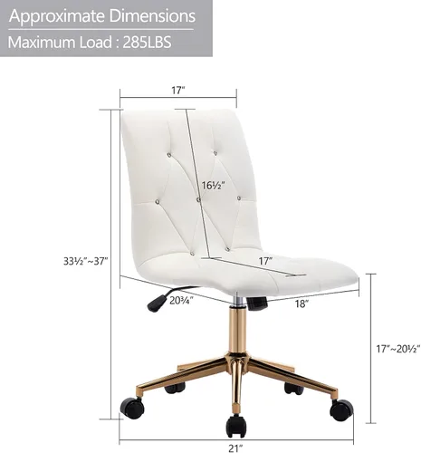 Vista 3 de DUHOME Silla moderna de oficina en casa, de piel sintética, bonita silla de escritorio blanca con base dorada, silla de tocador rodante sin brazos
