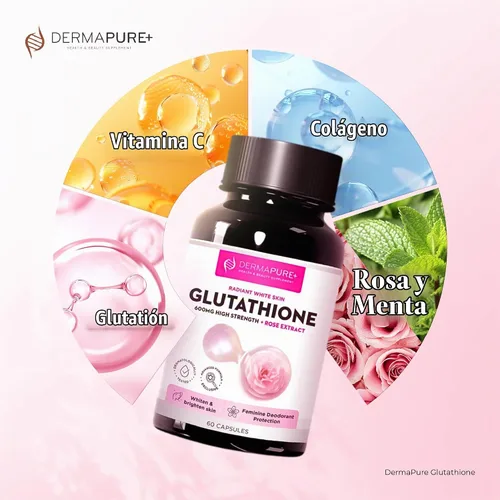 Vista 7 de Dermapure - Píldoras blanqueadoras de glutatión 2 en 1, 600 mg con extracto de aceite de rosa, suplemento para aclarar la piel y desodorante 1 box