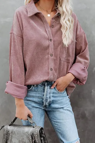 Vista 5 de Magritta Camisas de manga larga con cuello en V y botones para mujer, blusas de gran tamaño con bolsillos