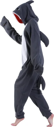 Vista 2 de Pijama de tiburón para adultos, disfraz de cosplay de tiburón, de una pieza, ropa de dormir de caricatura, mameluco de tiburón para mujeres y hombres